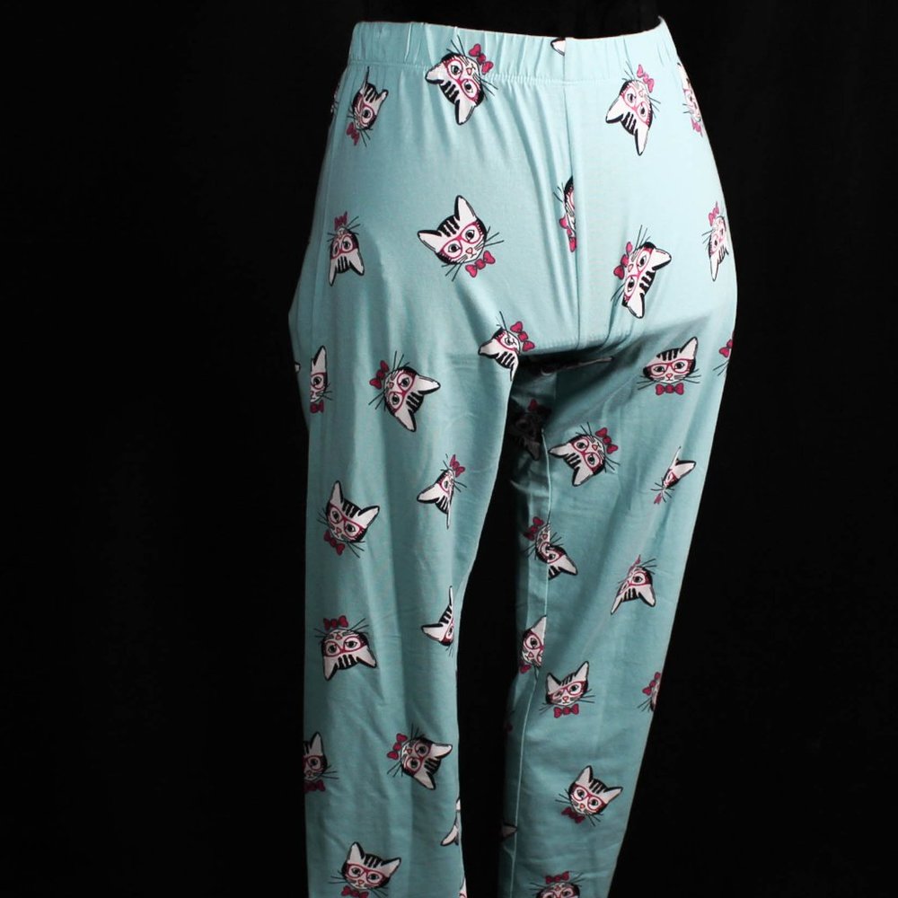 Mint Blue Whimsical Cat w/Glasses and Bow Tie Leggings - Picture 4 of 8